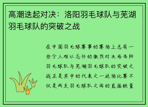 高潮迭起对决：洛阳羽毛球队与芜湖羽毛球队的突破之战